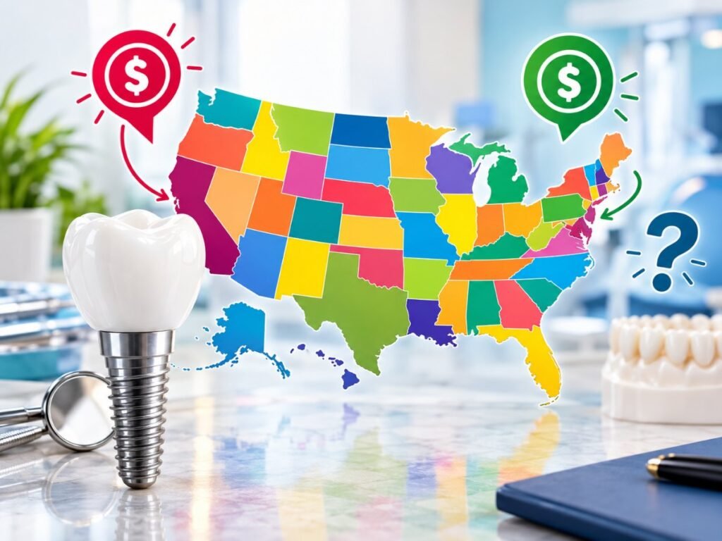 A dental implant beside a map of the United States with price markers