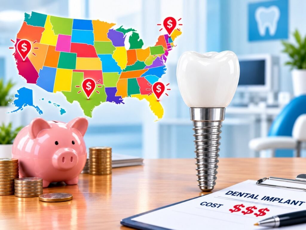 A dental implant, a piggy bank with coins and a map of the United States